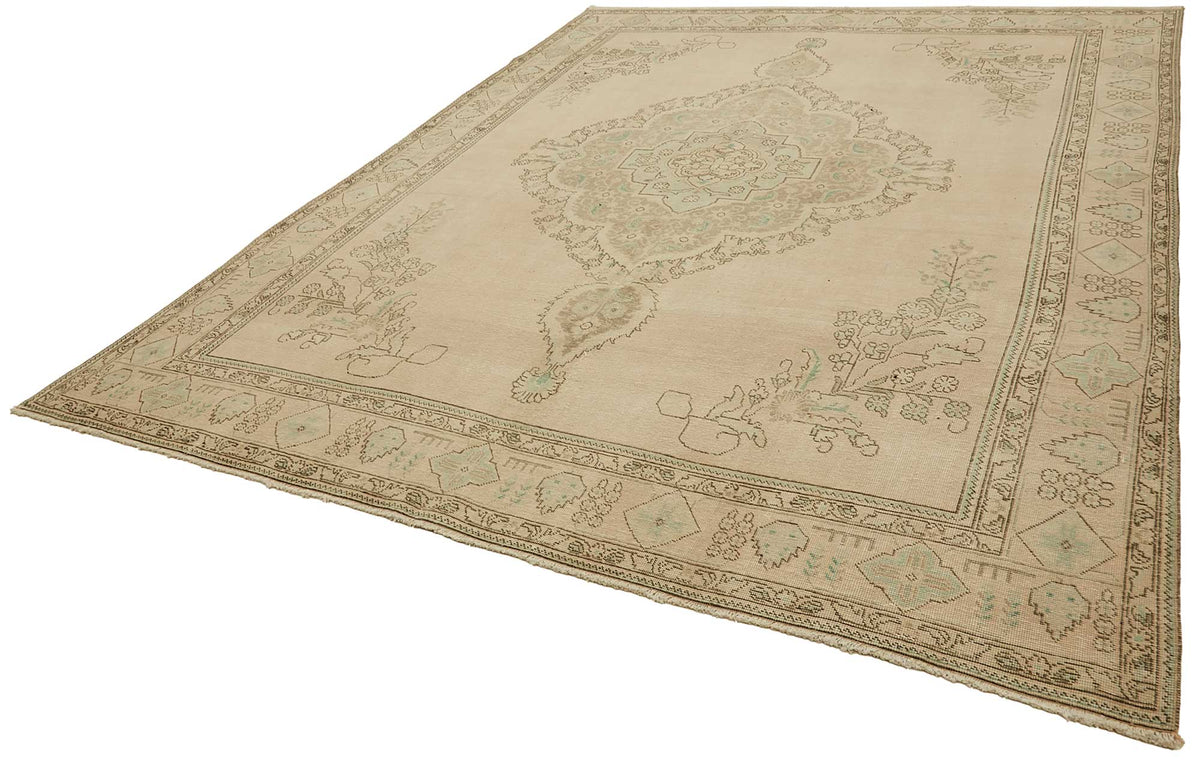 Rusvo Bej Yeşil Madalyon Desenli Klasik Yün El Dokuma Halı 290x385 cm – doku yakın çekim