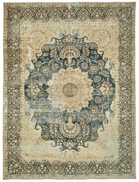 Rusvo Bej Lacivert Madalyon Desenli Yün El Dokuma Halı 262x347 cm