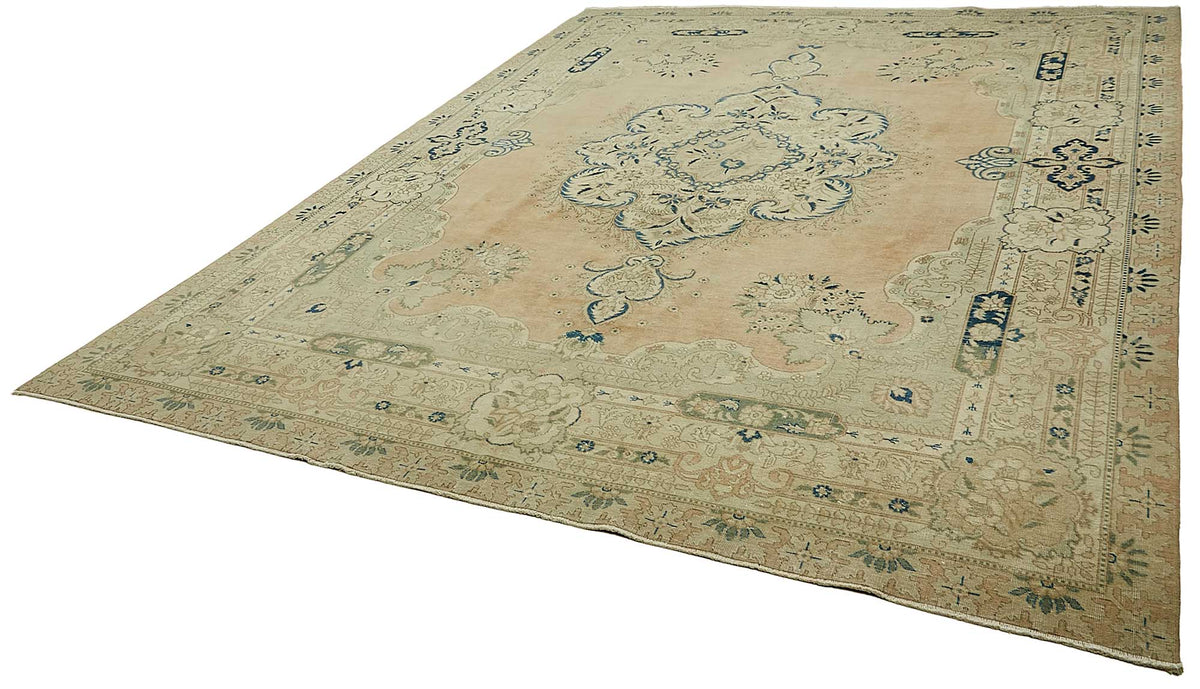 Rusvo Bej, Lacivert ve Turuncu Klasik Madalyonlu Halı 292x406 cm – doku yakın çekim