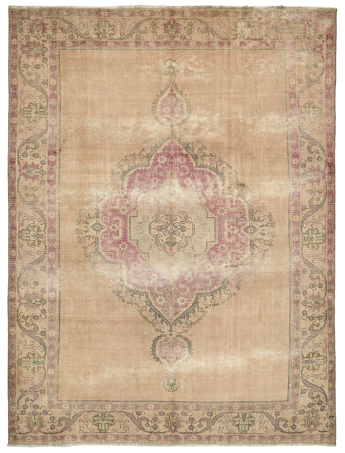 Rusvo Bej Pembe Madalyon Desenli Vintage El Dokuma Halı 287x386 cm