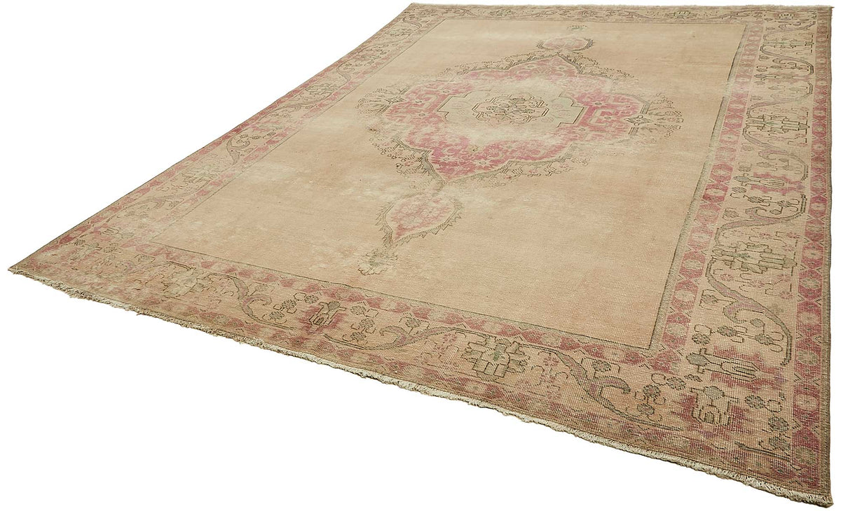 Rusvo Bej Pembe Madalyon Desenli Vintage El Dokuma Halı 287x386 cm – doku yakın çekim