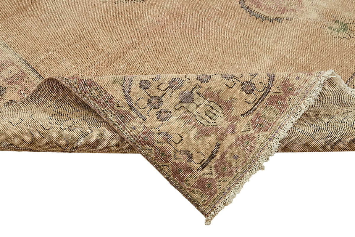 Rusvo Bej Pembe Madalyon Desenli Vintage El Dokuma Halı 287x386 cm – kenar detayı