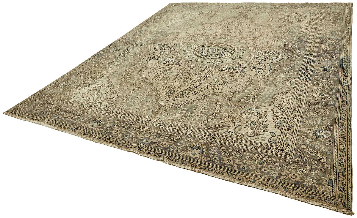 Rusvo Bej Gri Madalyon Desenli Klasik El Dokuma Halı 297x374 cm – doku yakın çekim