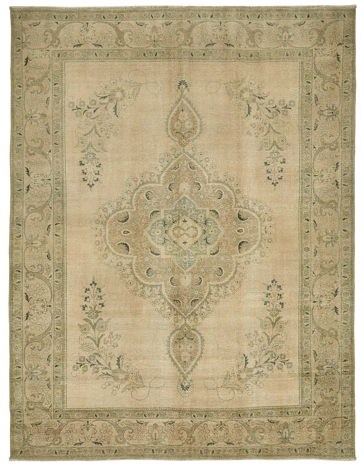 Rusvo Vintage Bej ve Yeşil Madalyon Desenli El Dokuma Halı 295x388 cm