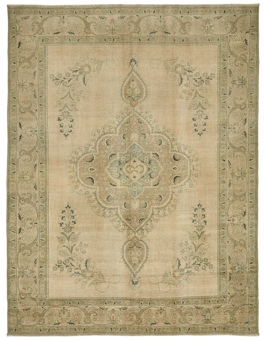 Rusvo Vintage Bej ve Yeşil Madalyon Desenli El Dokuma Halı 295x388 cm