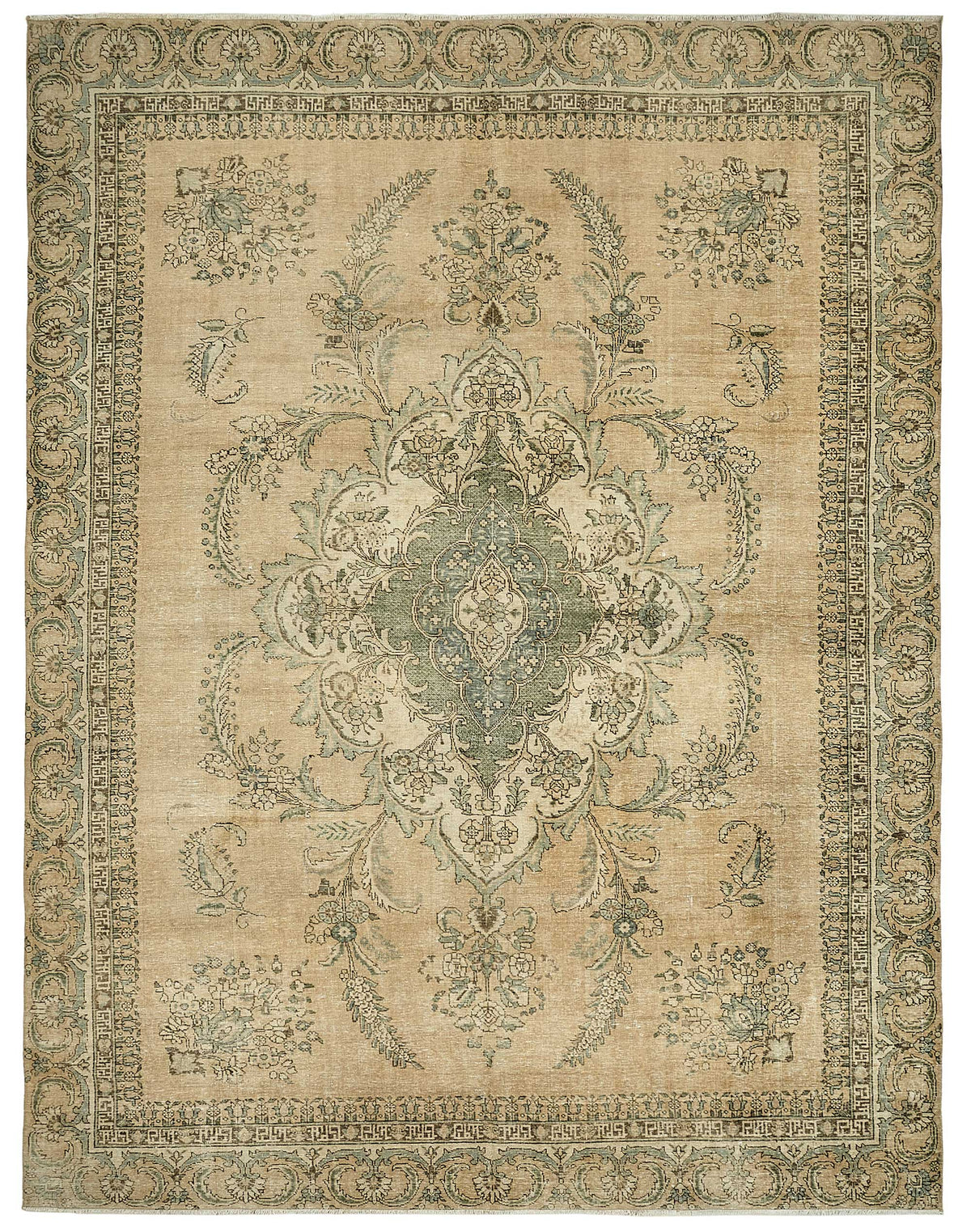 Rusvo Vintage Bej Rengi Yeşil ve Antrasit Madalyon Desenli El Dokuma Halı