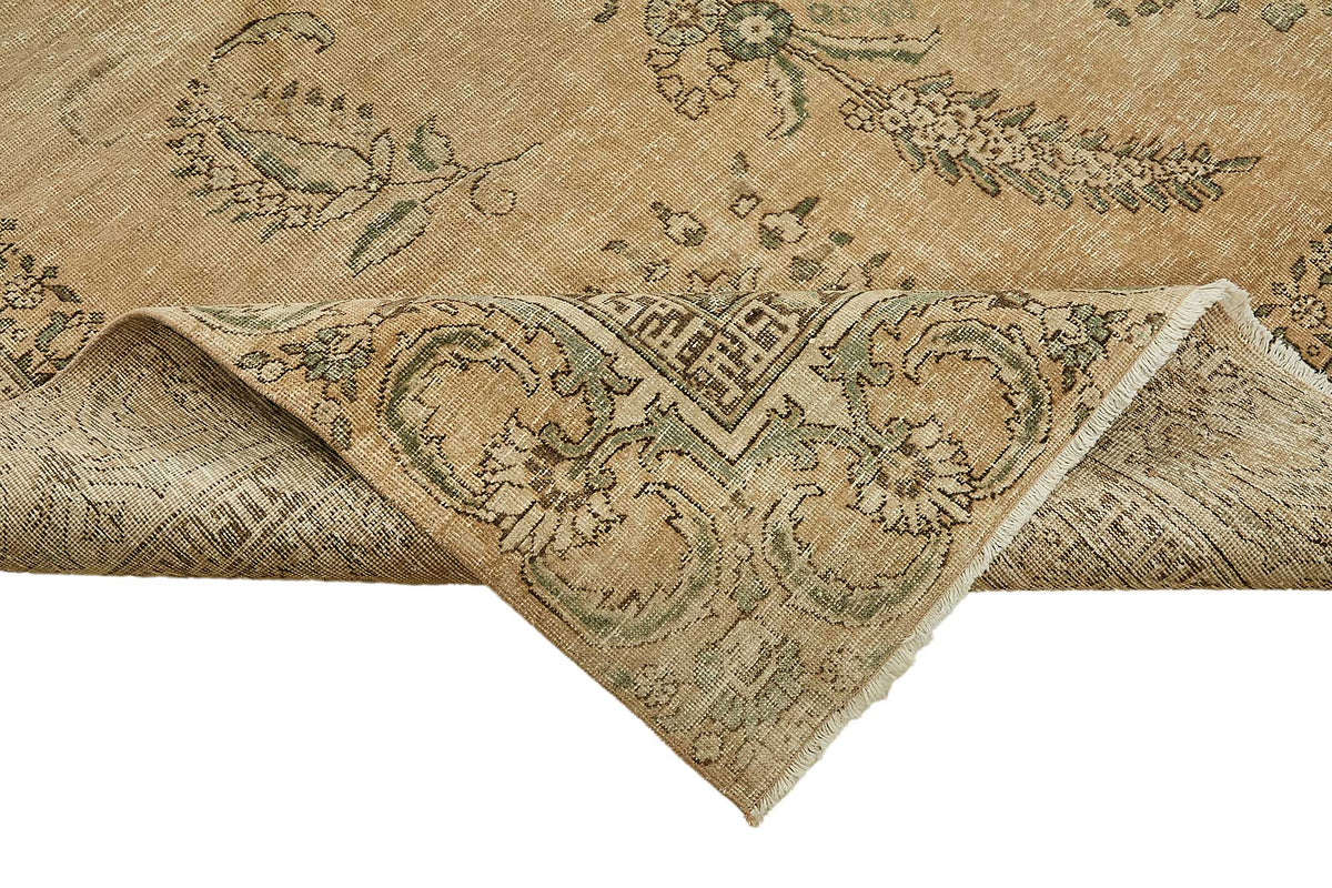 Rusvo Vintage Bej Rengi Yeşil ve Antrasit Madalyon Desenli El Dokuma Halı – kenar detayı
