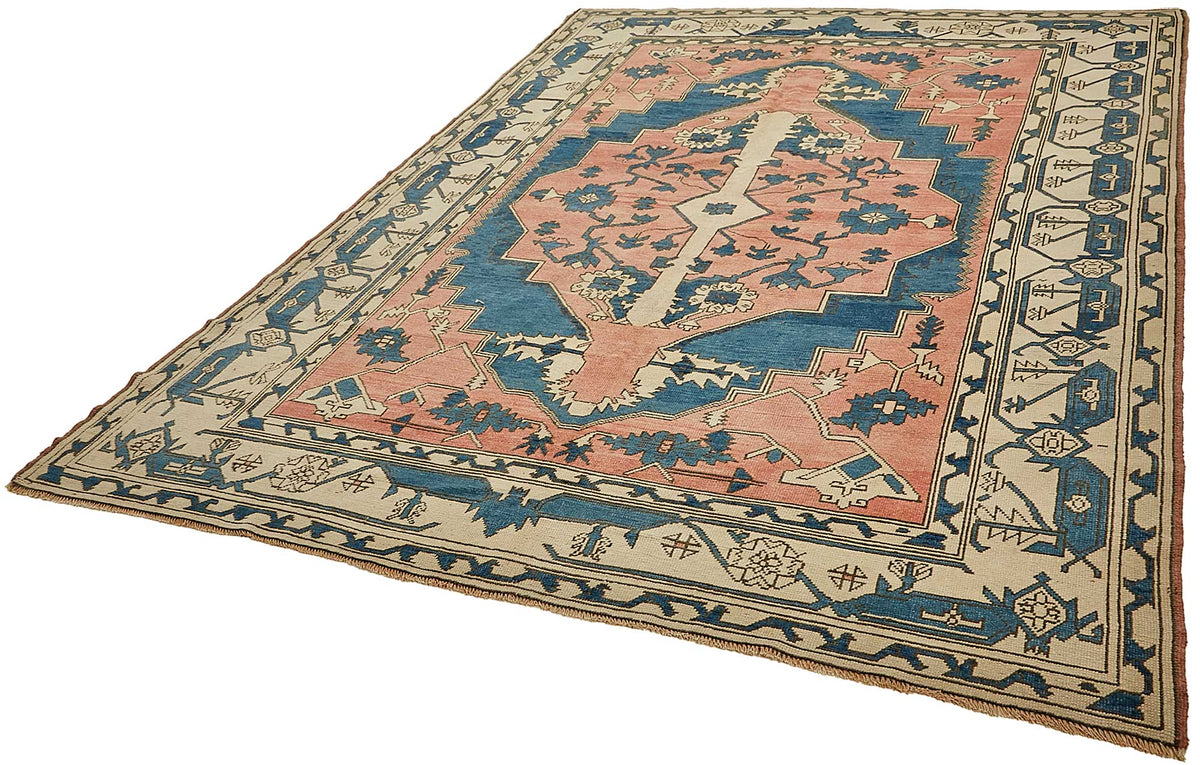 Kavale Vintage Pembe Mavi Geometrik Desenli El Dokuma Halı 230x320 cm – doku yakın çekim