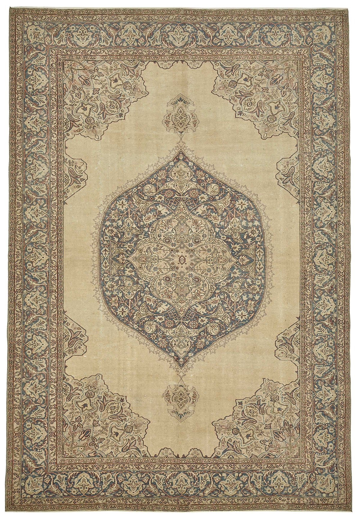 Rusvo Bej Lacivert Madalyon Desenli Yün ve Pamuk Halı 205x303 cm