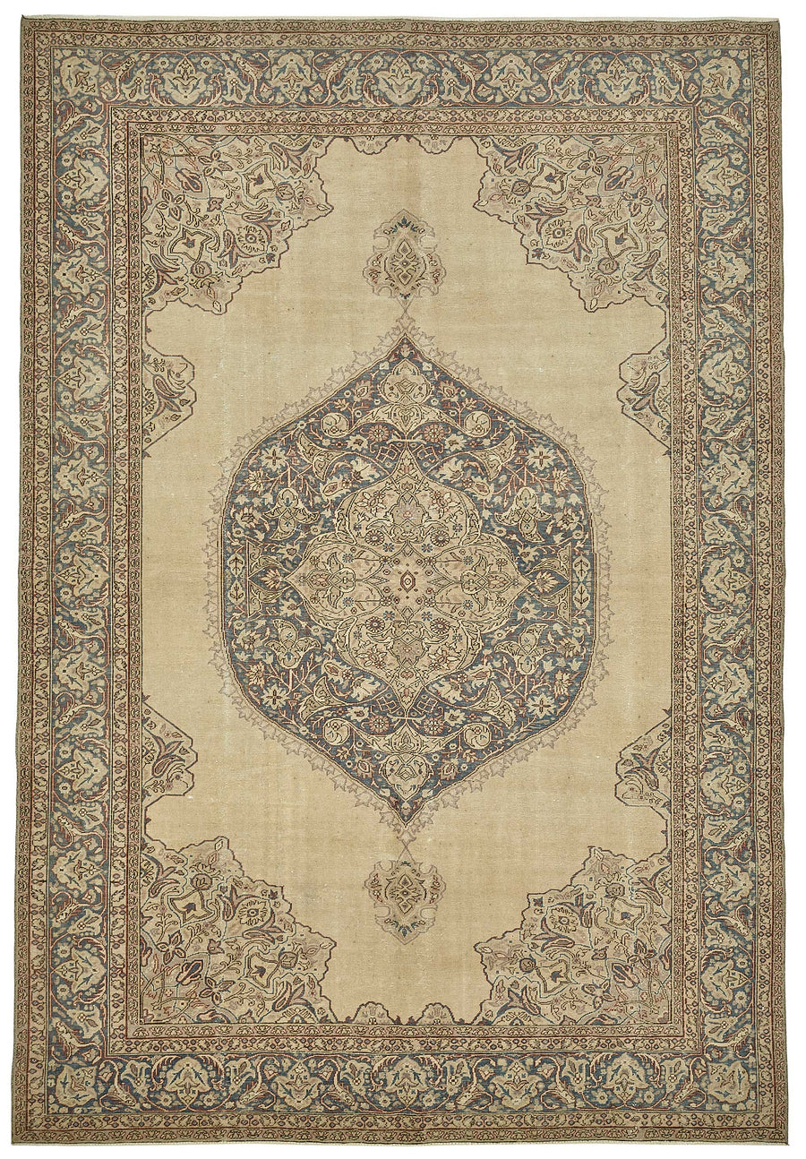 Rusvo Bej Lacivert Madalyon Desenli Yün ve Pamuk Halı 205x303 cm