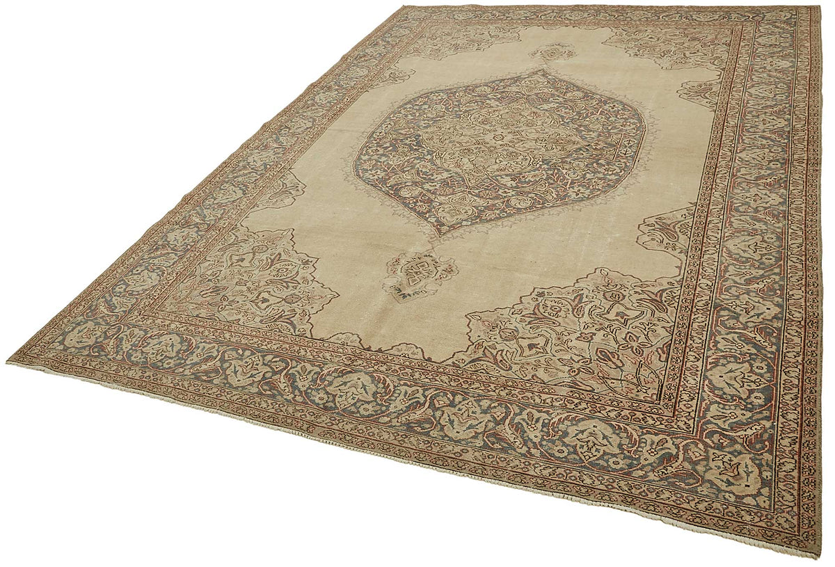 Rusvo Bej Lacivert Madalyon Desenli Yün ve Pamuk Halı 205x303 cm – doku yakın çekim