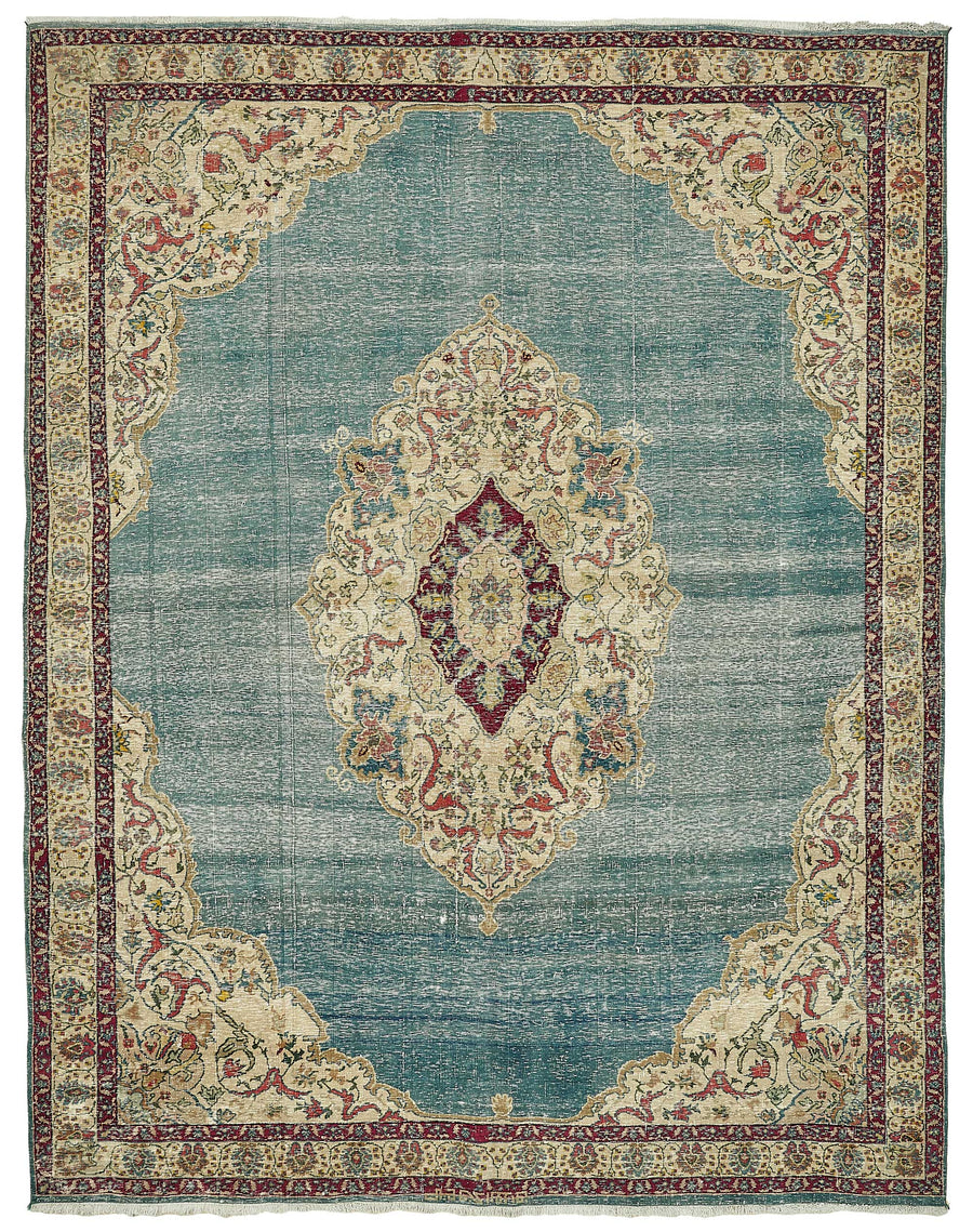 Rusvo Madalyon Desenli Turkuaz Bej El Dokuma Halı 285x358 cm 49694