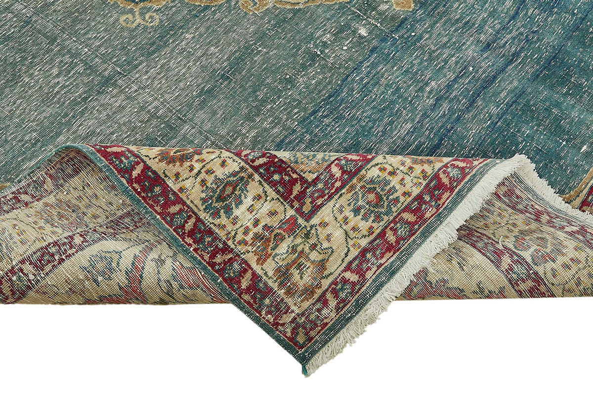 Rusvo Madalyon Desenli Turkuaz Bej El Dokuma Halı 285x358 cm 49694 – kenar detayı
