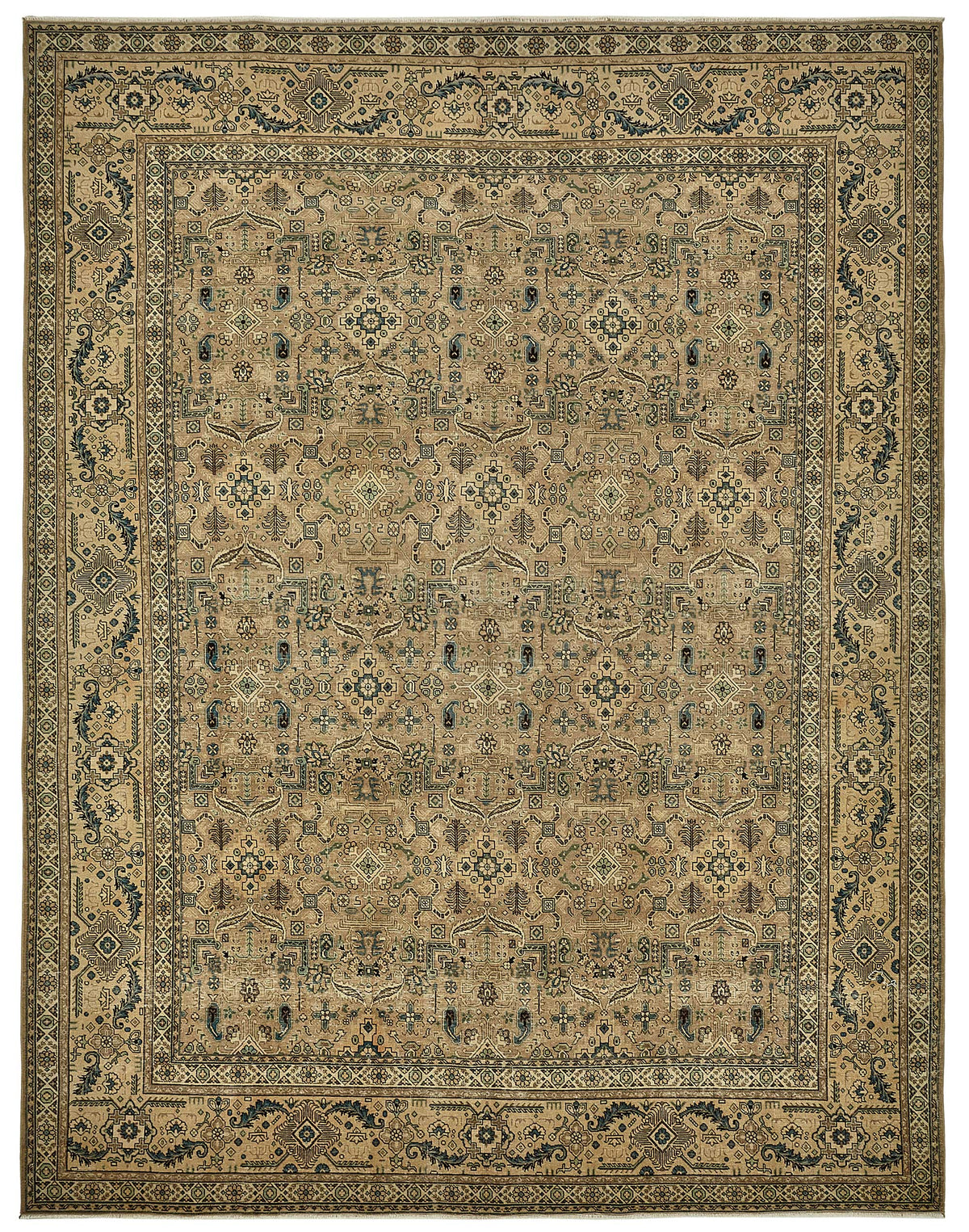 Rusvo Bej Lacivert Geometrik Desenli Yün El Dokuma Halı 304x396 cm