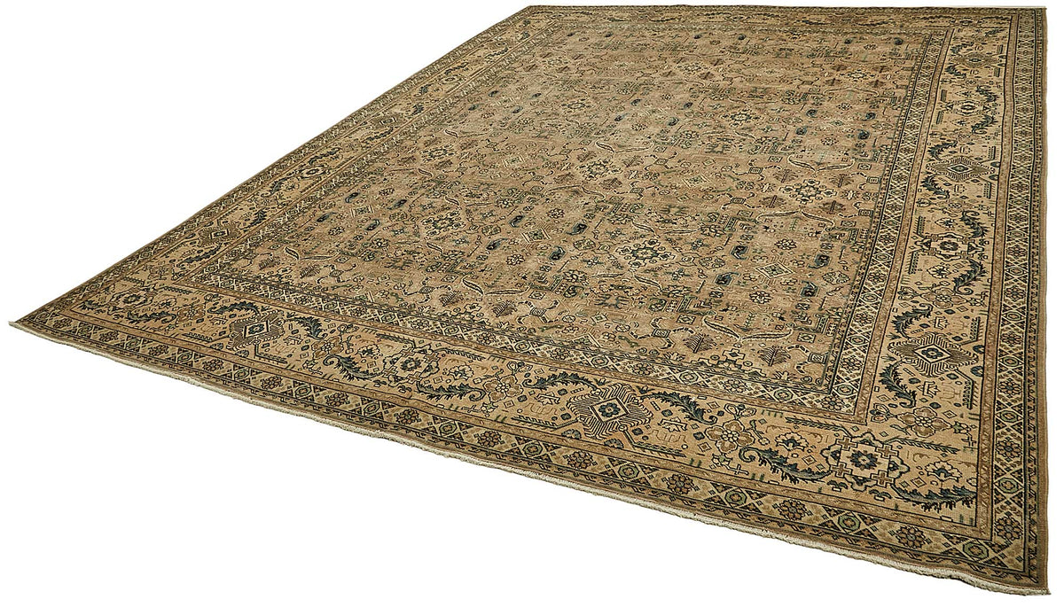 Rusvo Bej Lacivert Geometrik Desenli Yün El Dokuma Halı 304x396 cm – doku yakın çekim