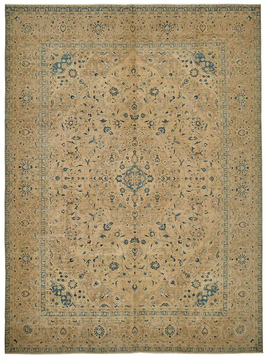 Rusvo Çiçek Desenli Bej ve Mavi Renkli Vintage El Dokuma Halı 290x398 cm