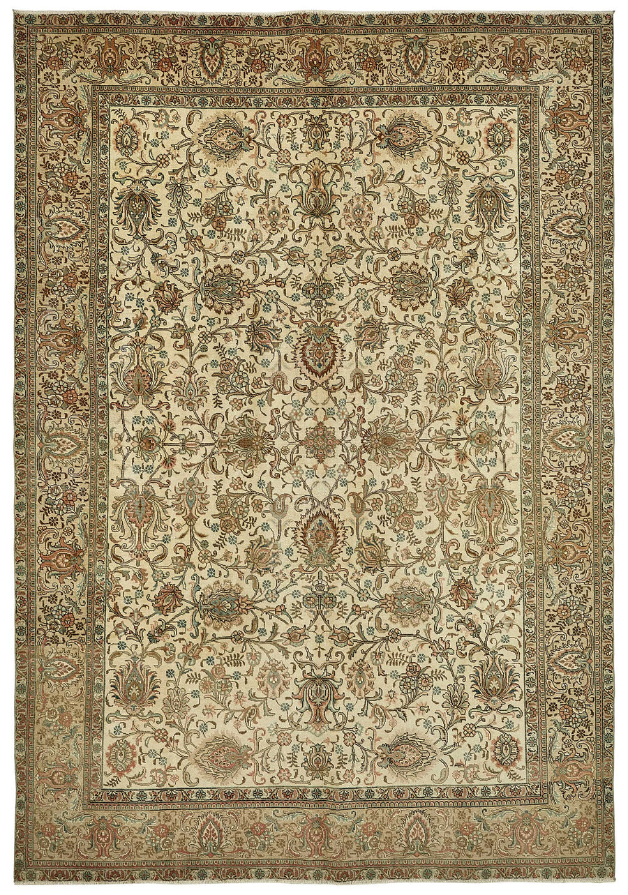 Rusvo Bej Kahverengi Çiçek Desenli Klasik Yün Pamuk El Dokuma Halı 246x355 cm