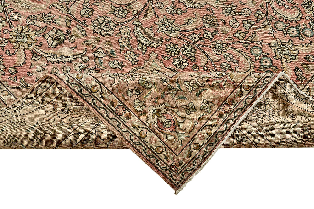 Rusvo Madalyon Desenli Pembe Vintage El Dokuma Halı 287x404 cm – kenar detayı