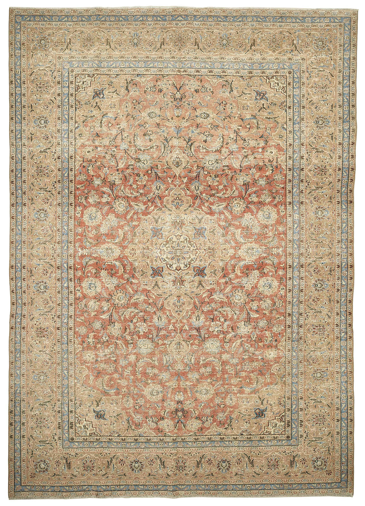 Rusvo Bej Kırmızı Madalyon Desenli Vintage El Dokuma Halı 287x391 cm