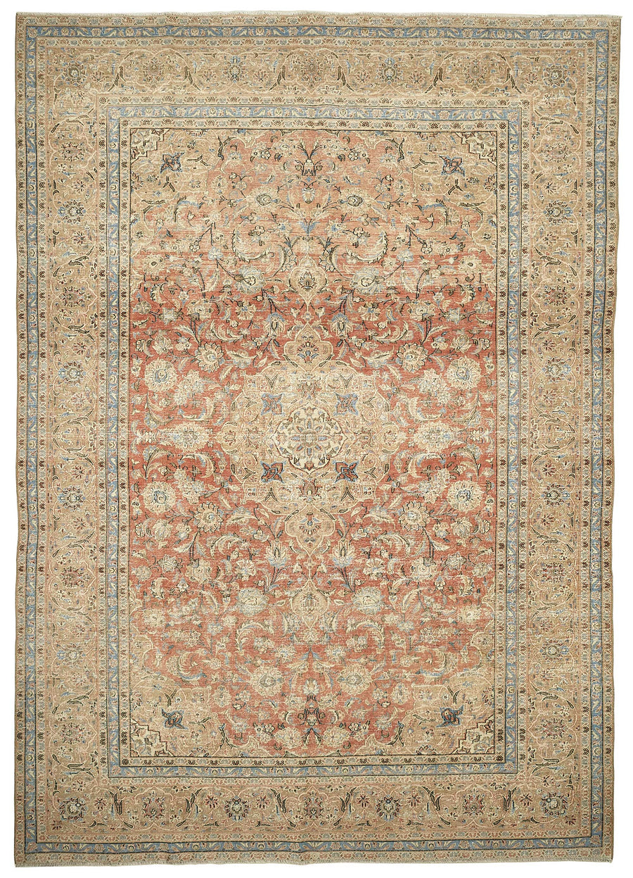 Rusvo Bej Kırmızı Madalyon Desenli Vintage El Dokuma Halı 287x391 cm