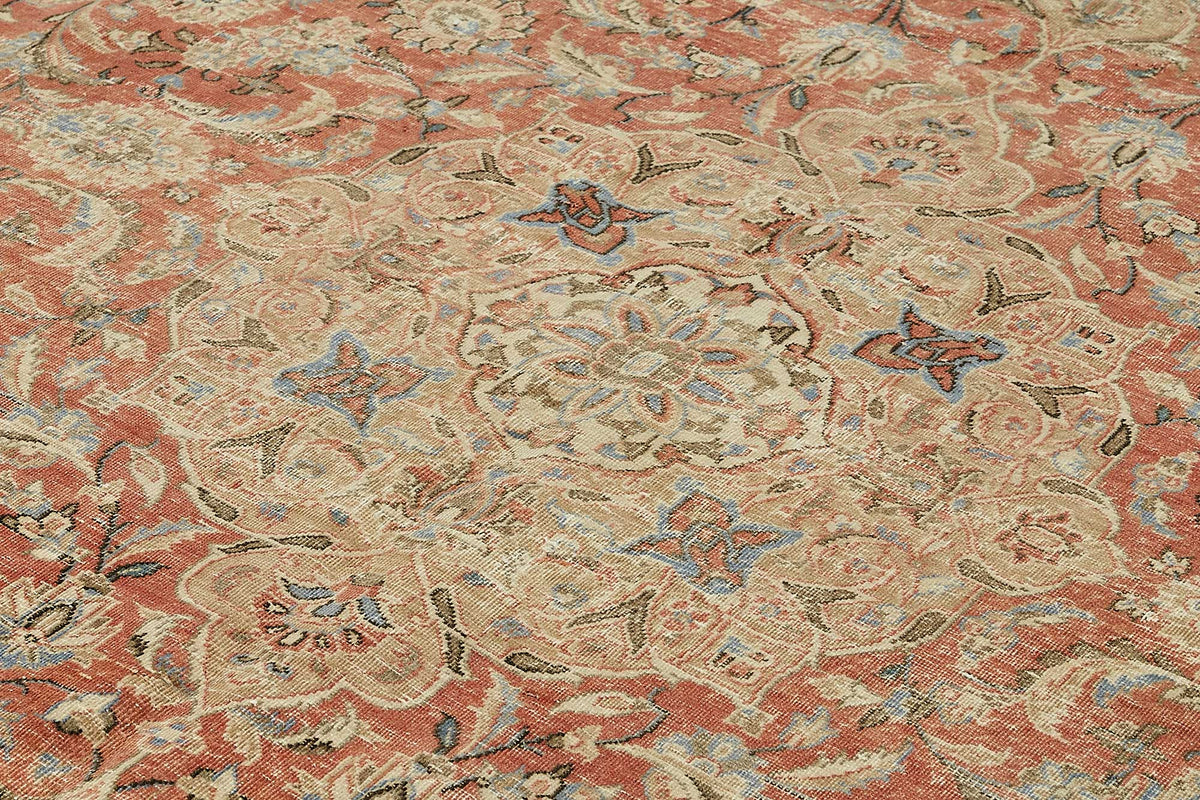 Rusvo Bej Kırmızı Madalyon Desenli Vintage El Dokuma Halı 287x391 cm – mekânda kullanım