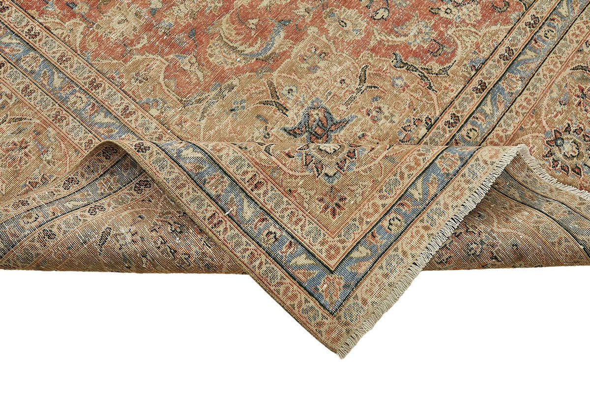 Rusvo Bej Kırmızı Madalyon Desenli Vintage El Dokuma Halı 287x391 cm – kenar detayı