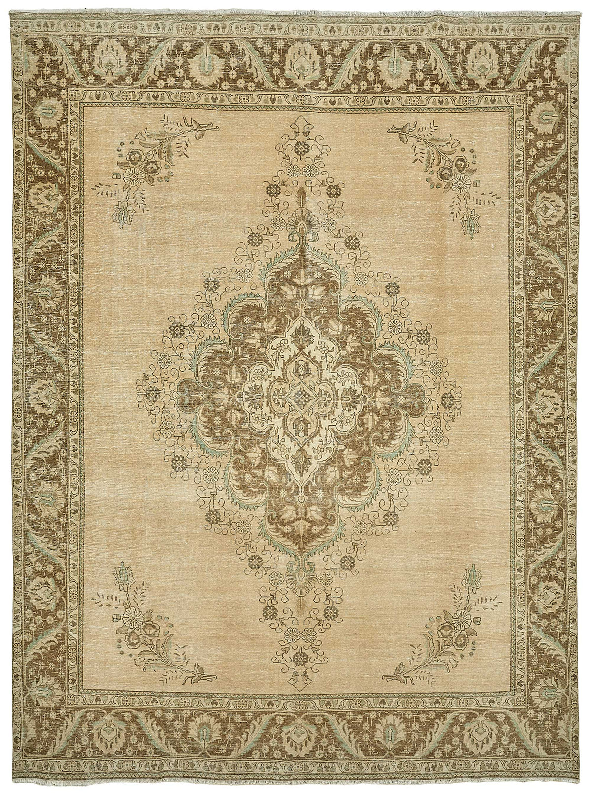 Rusvo Bej Kahverengi Madalyon Desenli Vintage El Dokuma Halı 283x385 cm
