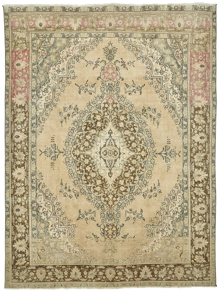 Rusvo Bej Kahverengi Madalyon Desenli Vintage Yün El Dokuma Halı 285x383 cm