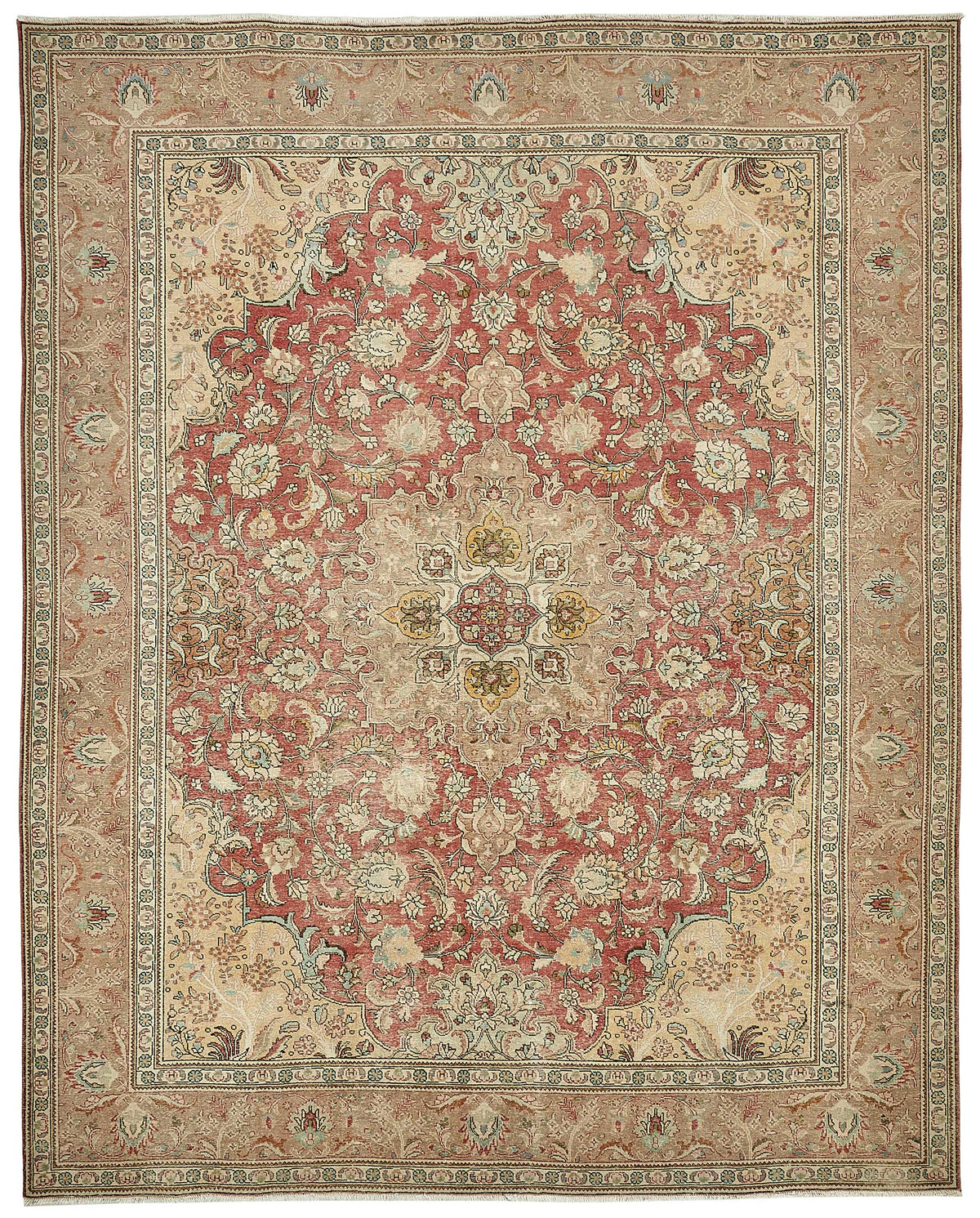 Rusvo Vintage Kırmızı Bej Madalyon Desenli El Dokuma Halı 304x376 cm