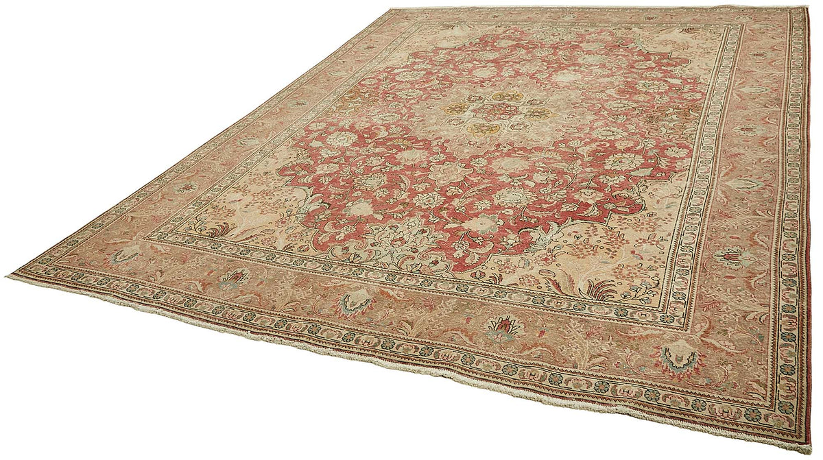 Rusvo Vintage Kırmızı Bej Madalyon Desenli El Dokuma Halı 304x376 cm – doku yakın çekim
