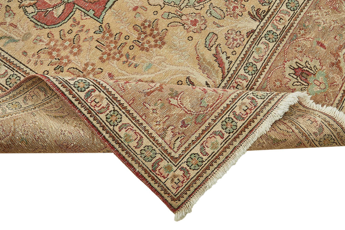 Rusvo Vintage Kırmızı Bej Madalyon Desenli El Dokuma Halı 304x376 cm – kenar detayı