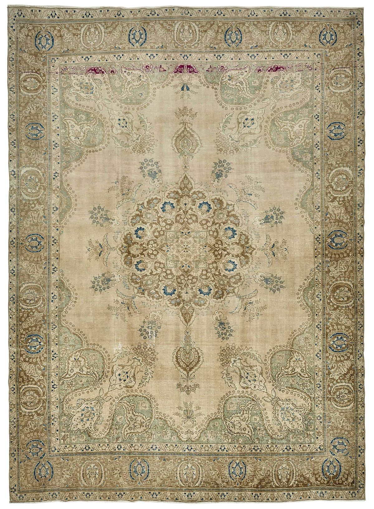 Rusvo Bej Kahverengi Madalyonlu Yün El Dokuma Halı 373x521 cm