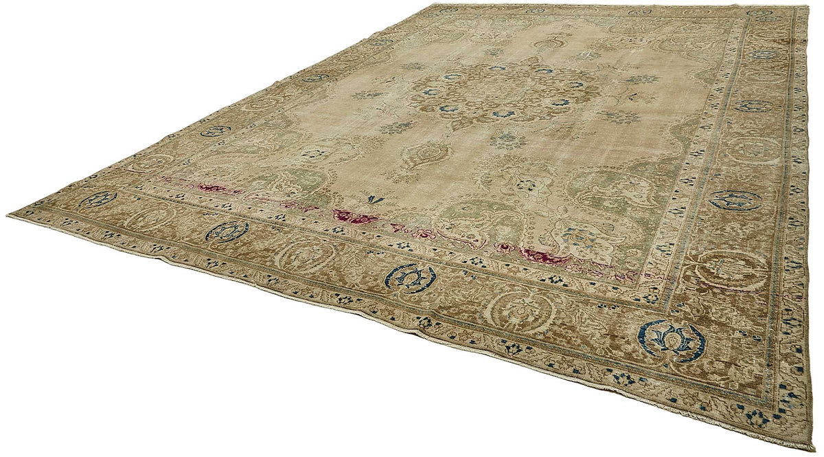Rusvo Bej Kahverengi Madalyonlu Yün El Dokuma Halı 373x521 cm – doku yakın çekim