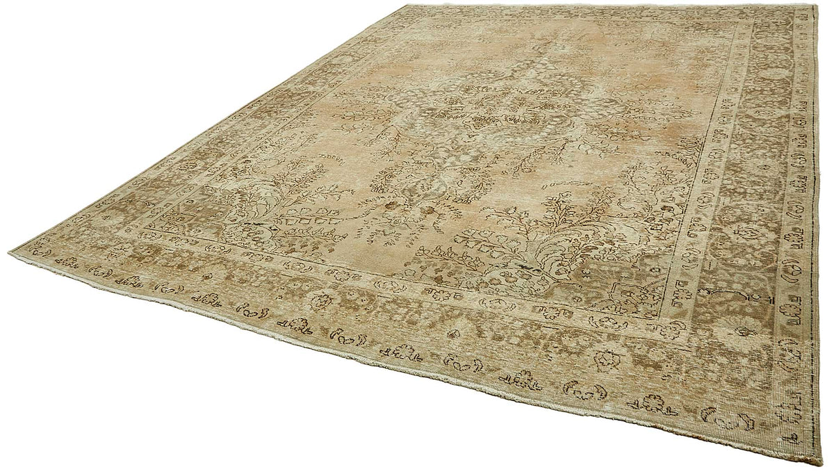 Rusvo Kahverengi Vintage Halı Bej Madalyon Desenli 300x387 cm – doku yakın çekim