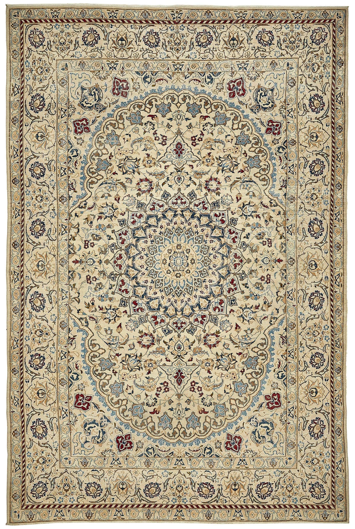 Rusvo Bej Lacivert Madalyon Göbek Desenli El Dokuma Halı 200x300 cm