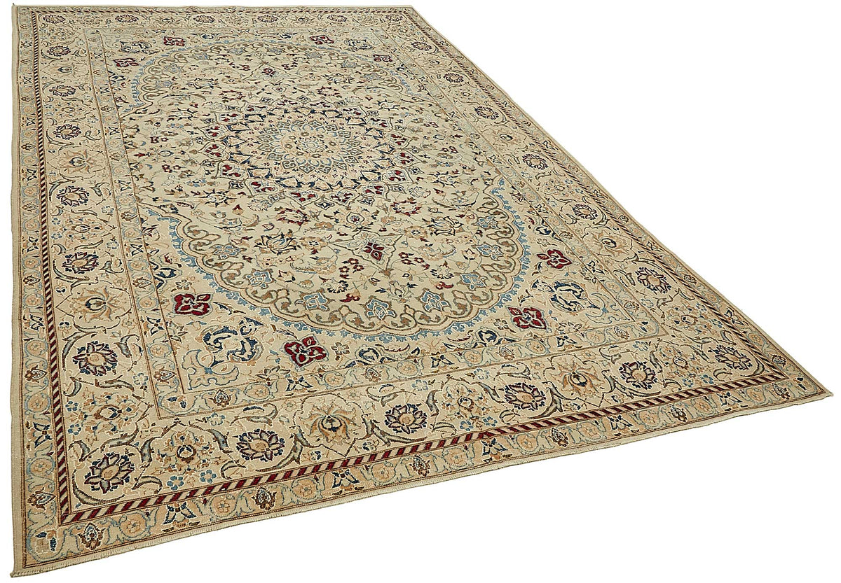 Rusvo Bej Lacivert Madalyon Göbek Desenli El Dokuma Halı 200x300 cm – genel görünüm