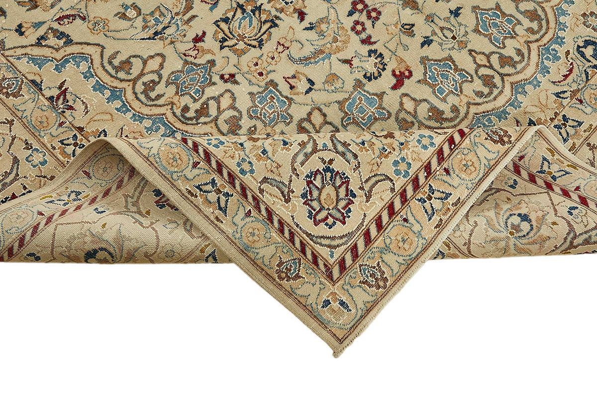 Rusvo Bej Lacivert Madalyon Göbek Desenli El Dokuma Halı 200x300 cm – kenar detayı