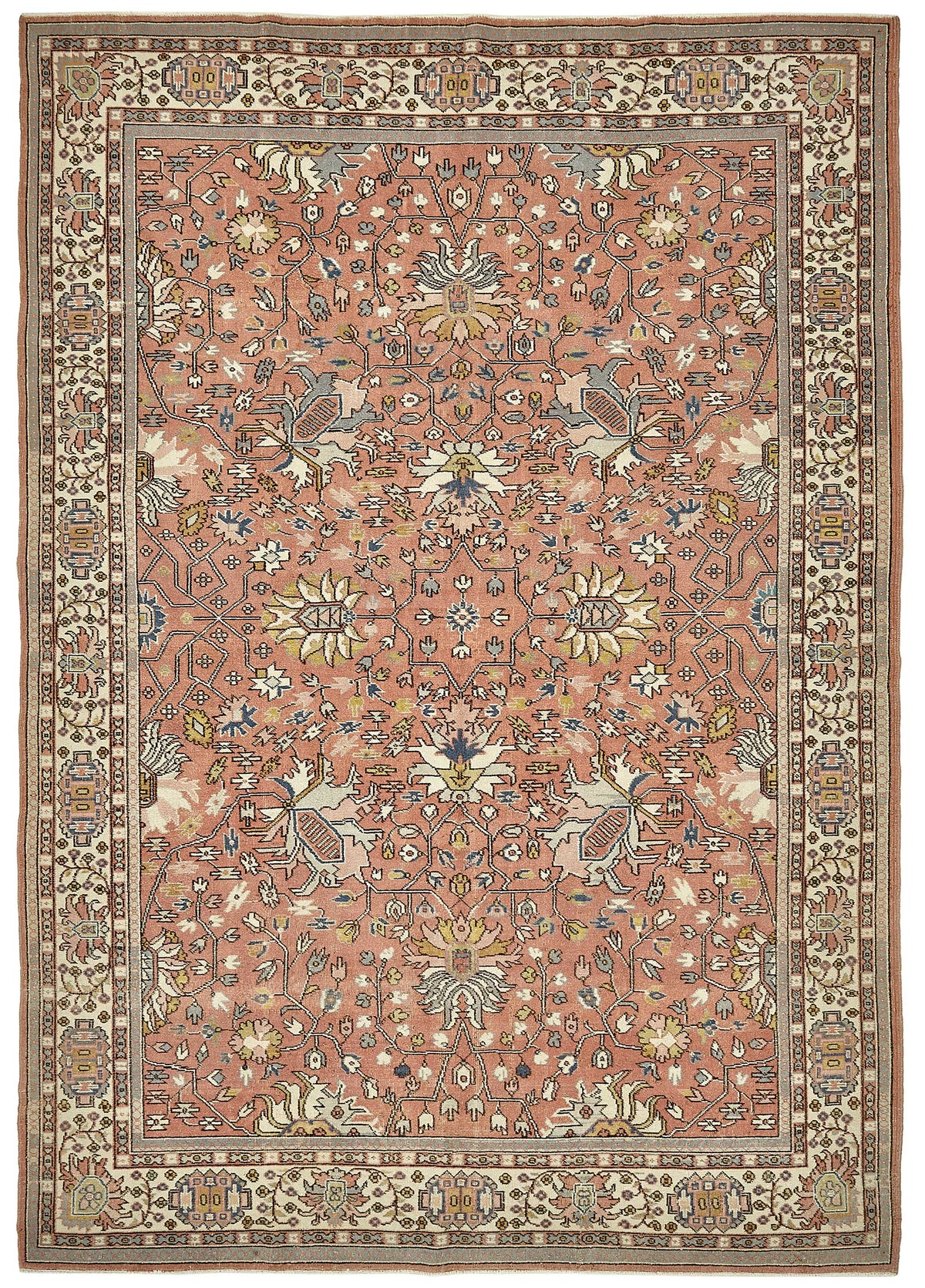 Rusvo Pembe Çiçek Desenli Yün El Dokuma Halı 236x351 cm 49732
