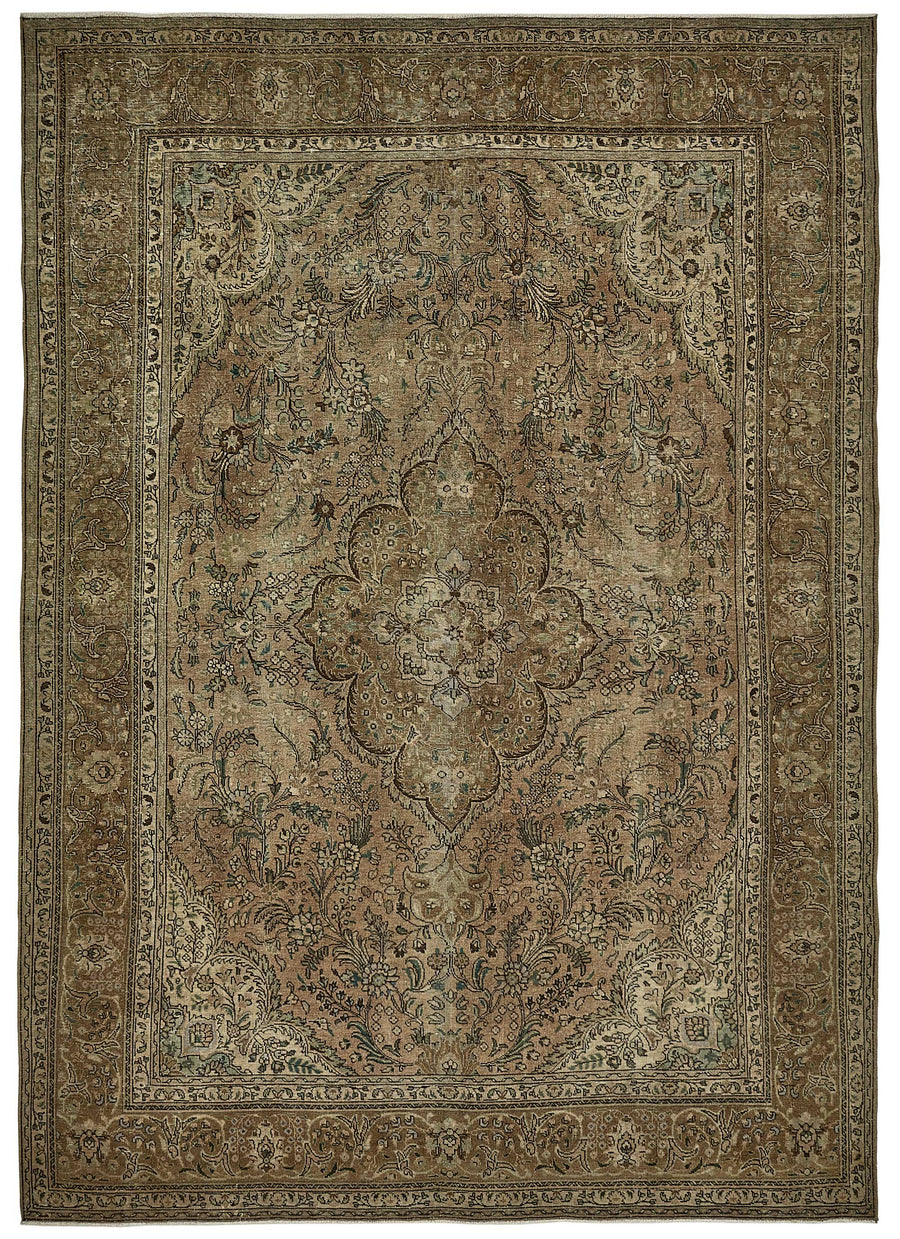 Rusvo Kahverengi Bej Madalyon Desenli Yün Vintage Halı 253x353 cm
