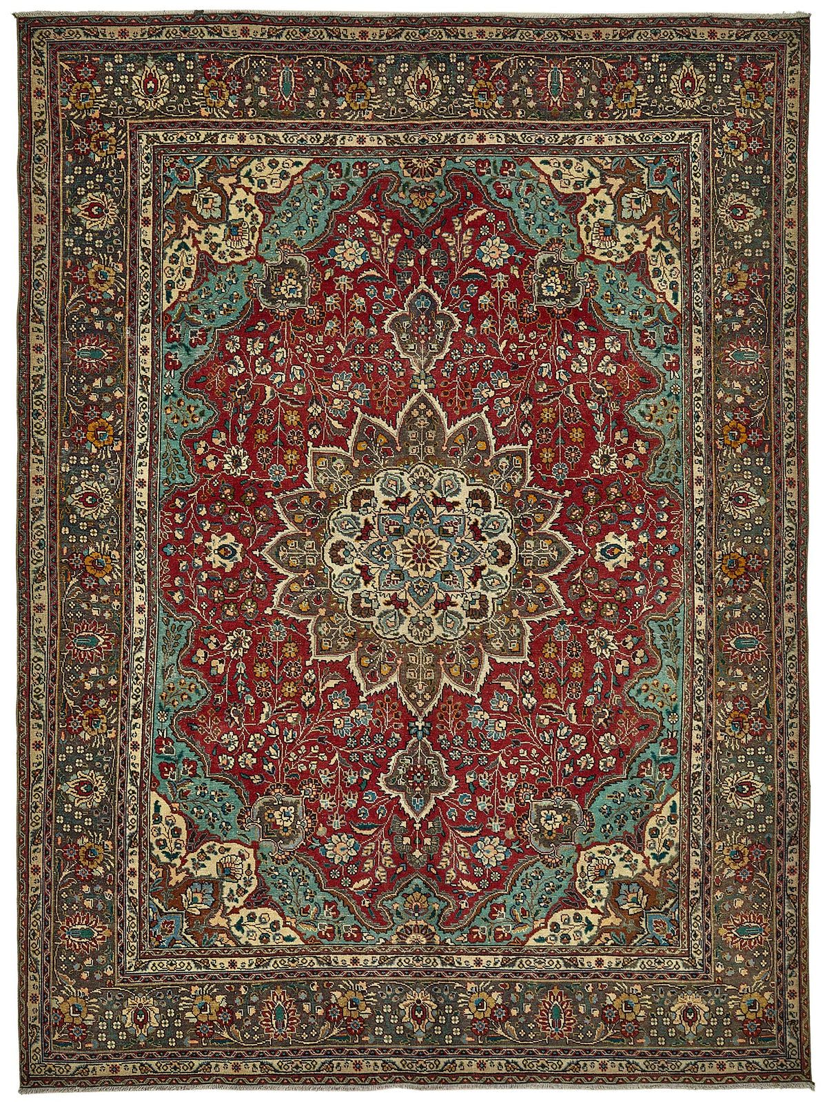 Rusvo Kırmızı Turkuaz Madalyon Desenli Yün Halı 248x329 cm