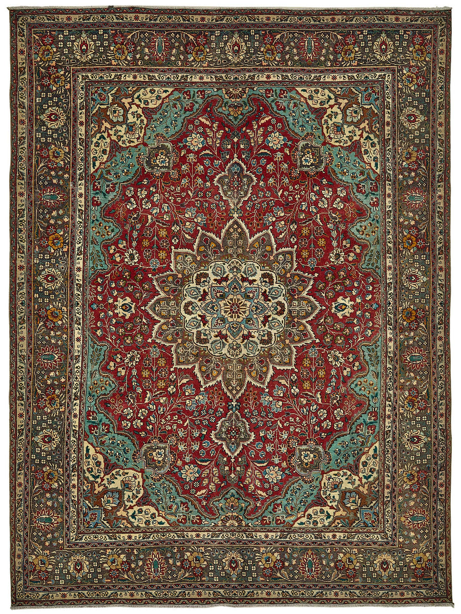Rusvo Kırmızı Turkuaz Madalyon Desenli Yün Halı 248x329 cm