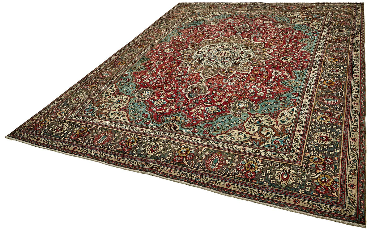 Rusvo Kırmızı Turkuaz Madalyon Desenli Yün Halı 248x329 cm – doku yakın çekim