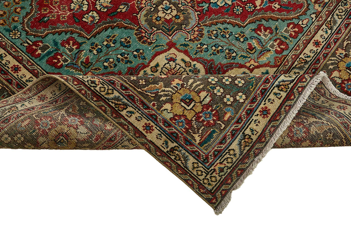 Rusvo Kırmızı Turkuaz Madalyon Desenli Yün Halı 248x329 cm – kenar detayı