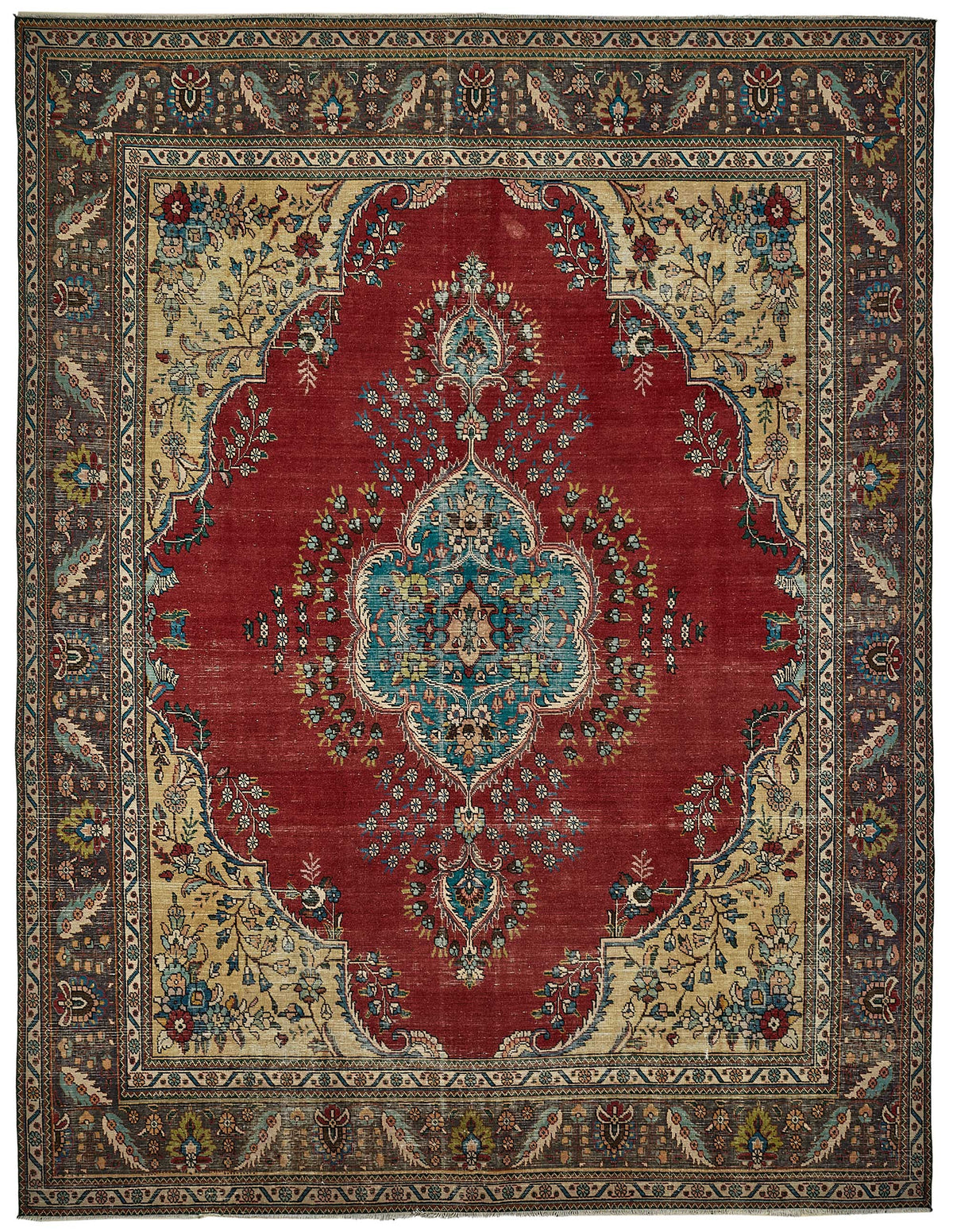 Rusvo Kırmızı Madalyon Göbek Desenli Bej Klasik El Dokuma Halı 301x388 cm
