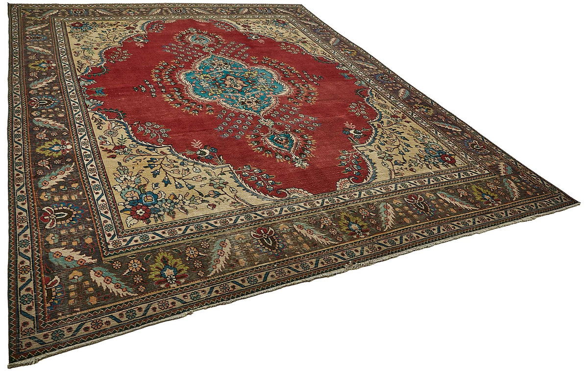 Rusvo Kırmızı Madalyon Göbek Desenli Bej Klasik El Dokuma Halı 301x388 cm – genel görünüm