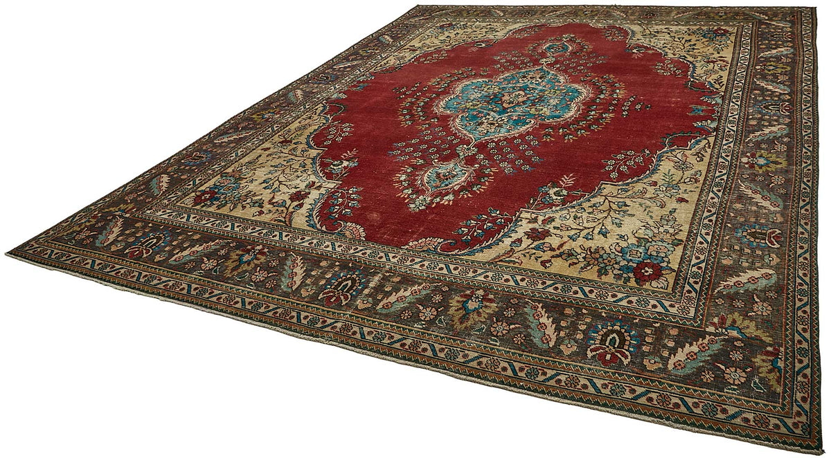 Rusvo Kırmızı Madalyon Göbek Desenli Bej Klasik El Dokuma Halı 301x388 cm – doku yakın çekim