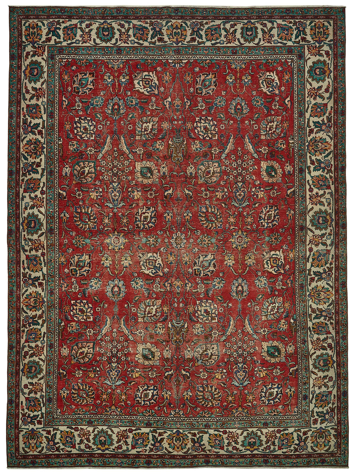 Rusvo Çiçek Desenli Kırmızı ve Bej El Dokuma Halı 280x386 cm