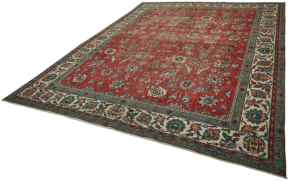 Rusvo Çiçek Desenli Kırmızı ve Bej El Dokuma Halı 280x386 cm – doku yakın çekim