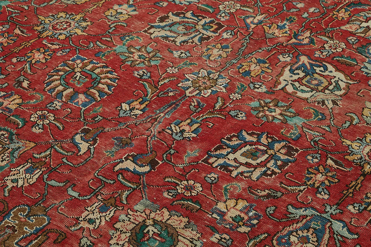 Rusvo Çiçek Desenli Kırmızı ve Bej El Dokuma Halı 280x386 cm – mekânda kullanım