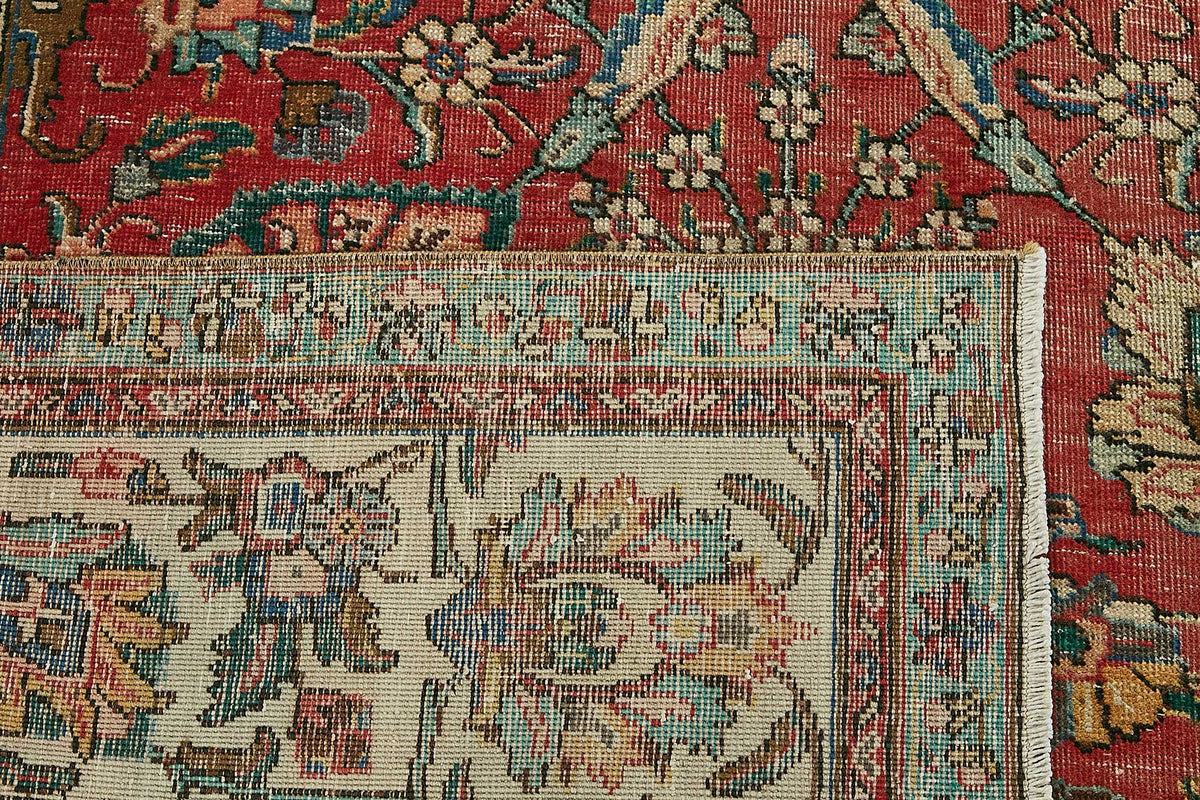 Rusvo Çiçek Desenli Kırmızı ve Bej El Dokuma Halı 280x386 cm – arka yüz görünümü
